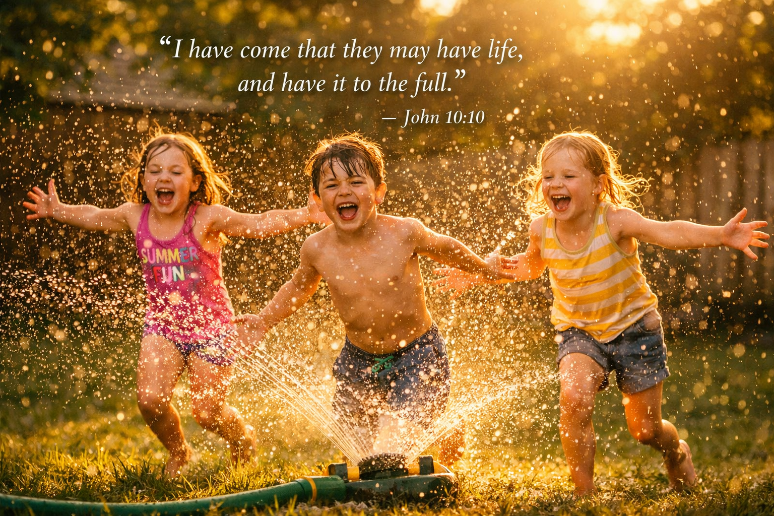 Kids running through sprinkler in summer mouths open arms wide completely alive, backyard golden hour water droplets catching light, text Life to the full John 10:10 -- HD wallpaper